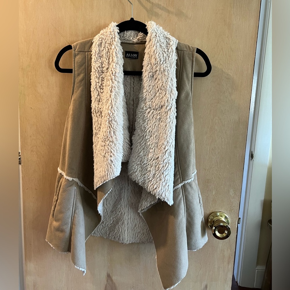 Suede Shearling Vest Tan Brown Faux Sherpa Lined Fall Layering Vest - Small